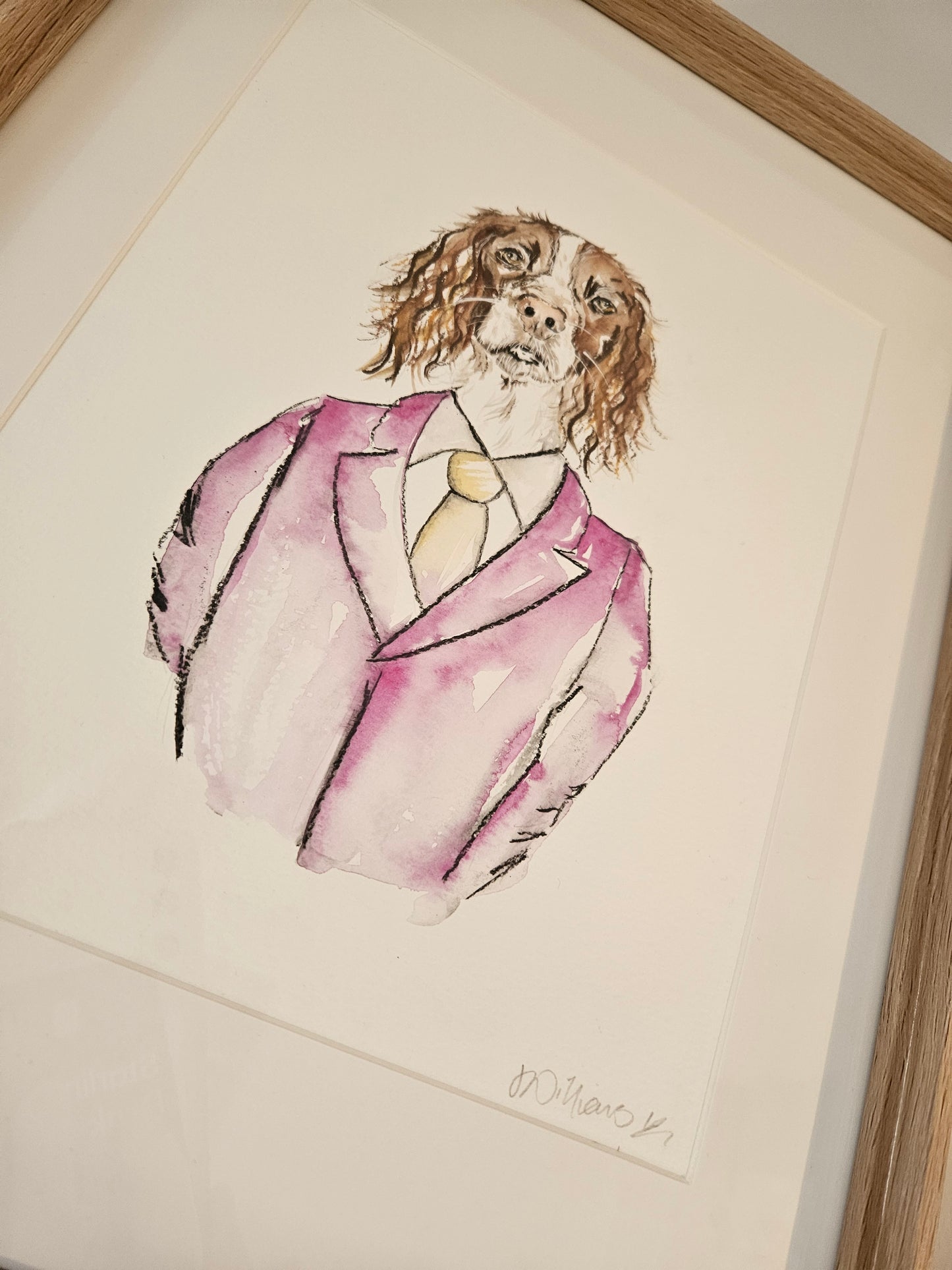 Spaniel in suit.  Original watercolour framed painting