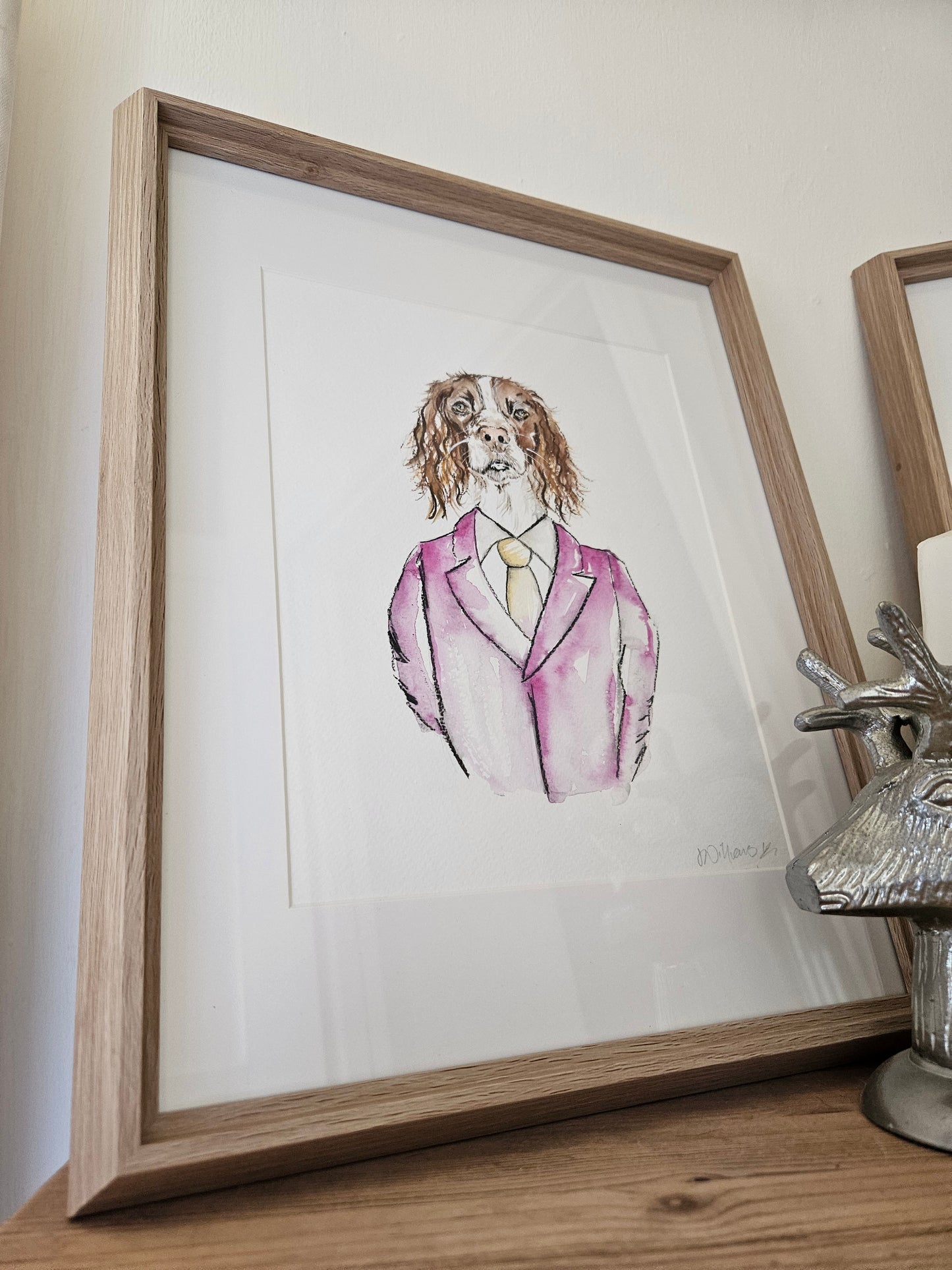 Spaniel in suit.  Original watercolour framed painting