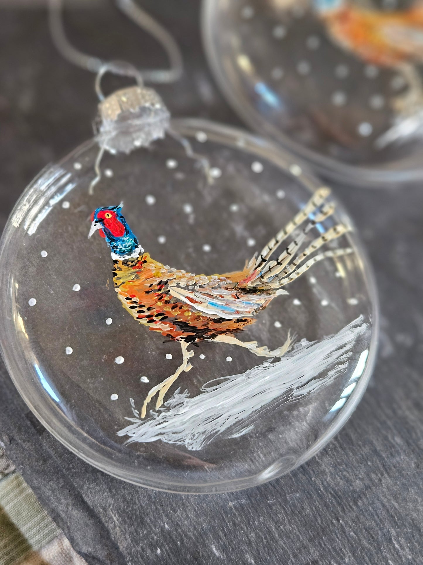 Hand Painted Pheasant in the snow glass round glass boxed bauble