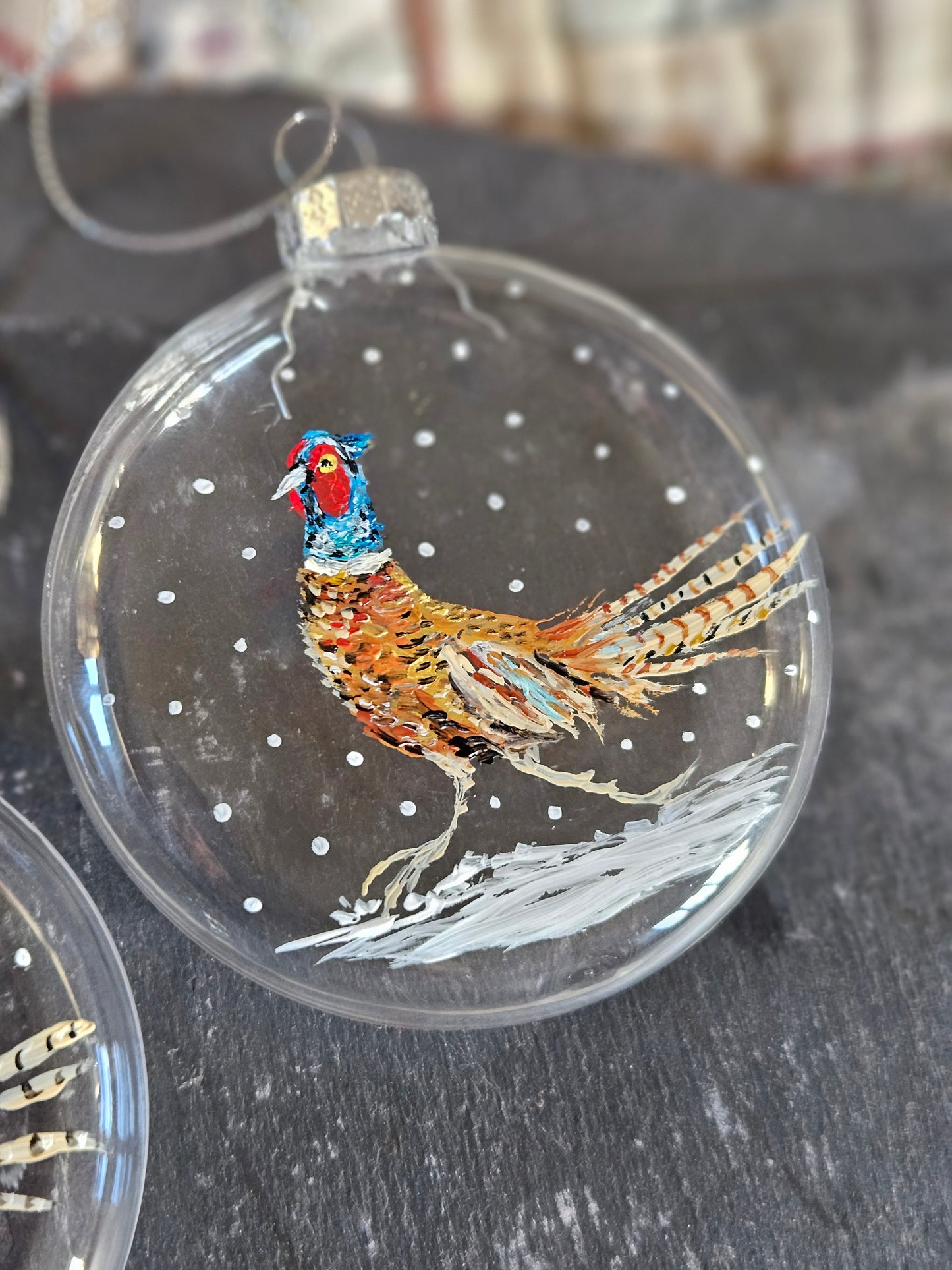 Hand Painted Pheasant in the snow glass round glass boxed bauble