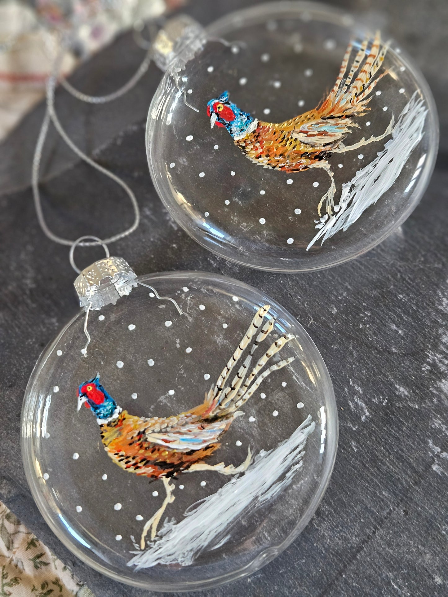 Hand Painted Pheasant in the snow glass round glass boxed bauble