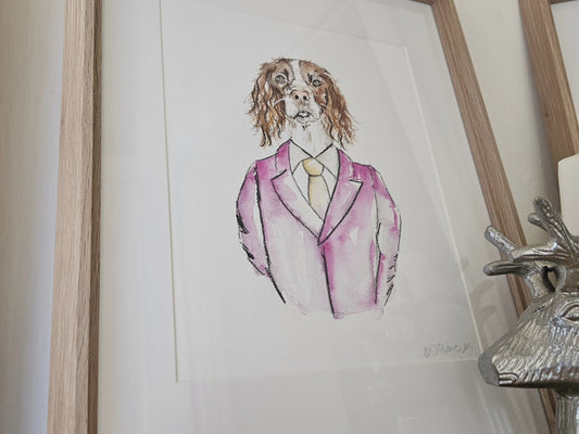 Spaniel in suit.  Original watercolour framed painting