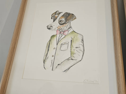 Jack Russell in suit.  Original watercolour framed painting