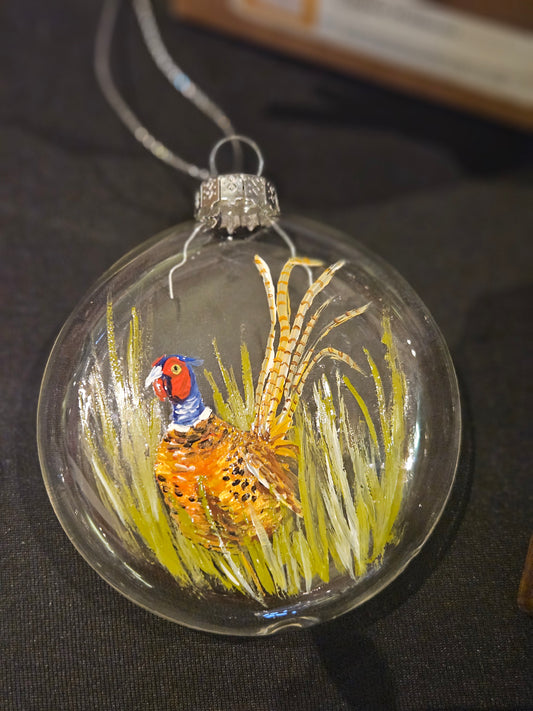 Pheasant in long grass. Glass Boxed Bauble. Hand Painted