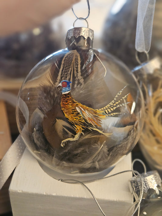 Hand Painted Pheasant glass bauble with Pheasant Feathers.  Gift box. Round Glass