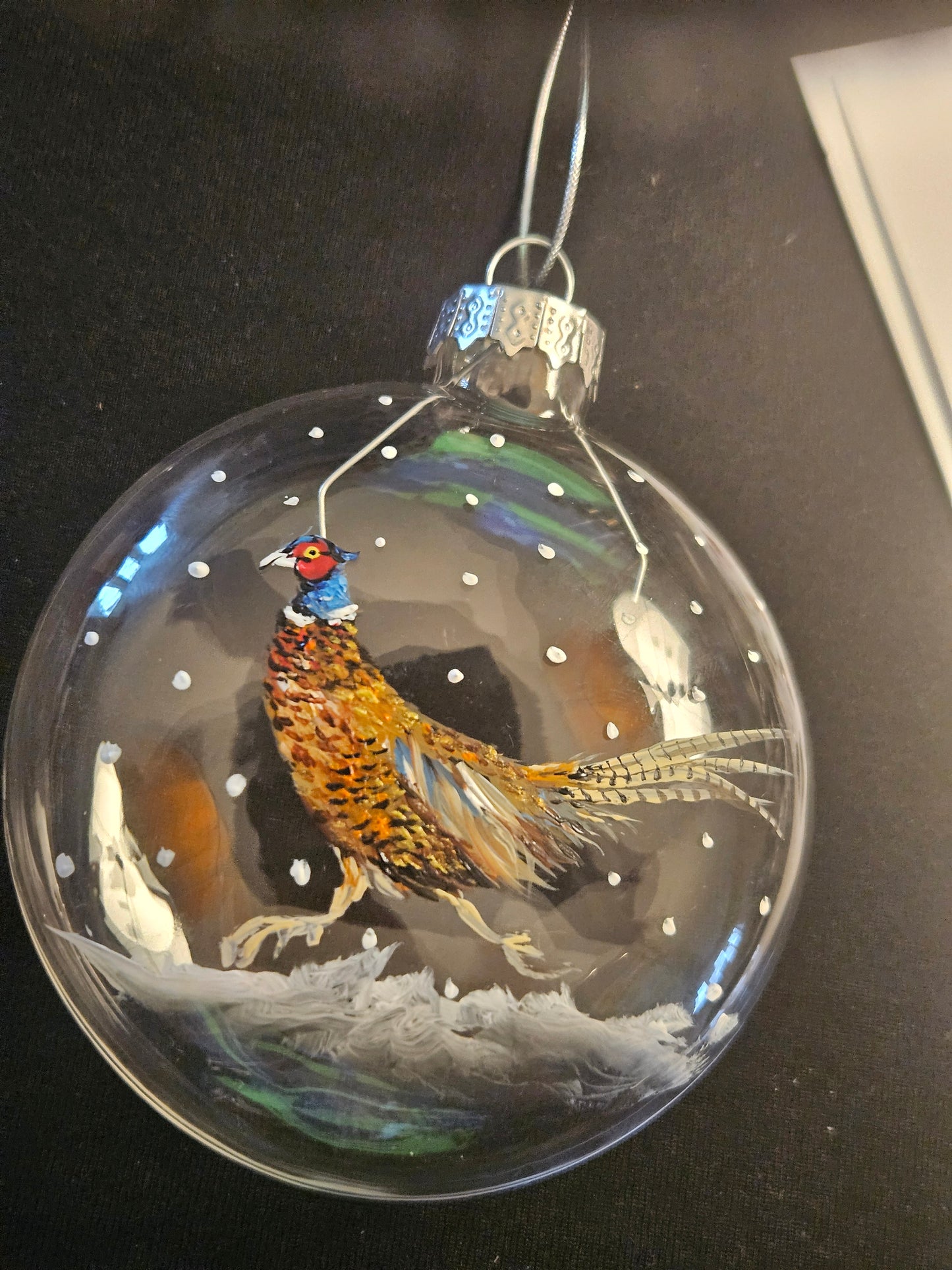 Hand Painted Pheasant in the snow glass round glass boxed bauble